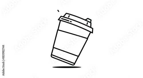 Dynamic line art illustration of a coffee cup with a lid, rendered in black and white with a subtle shadow and slight tilt.