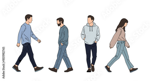 A group of four diverse individuals, including men and a woman, are depicted walking and standing in a minimalist vector illustration.