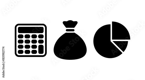 Financial planning icons calculator money bag and pie chart illustration