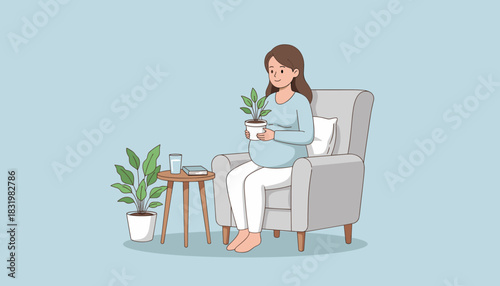 A happy pregnant woman sitting in an armchair holding a small plant Concept of maternity and home wellness
