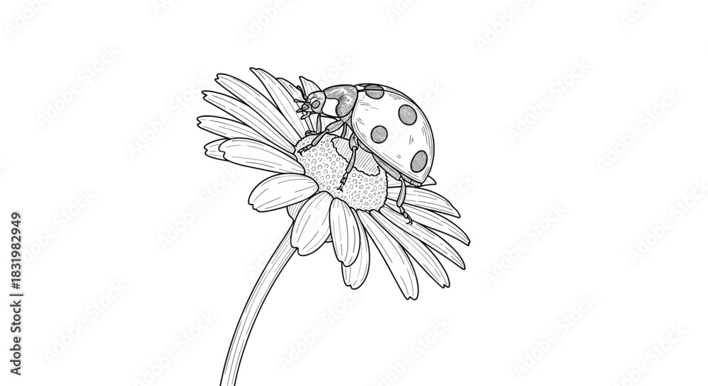 Obraz premium A beautifully detailed line art illustration of a ladybug with spots crawling on the petals of a delicate flower, depicting nature's small wonders.