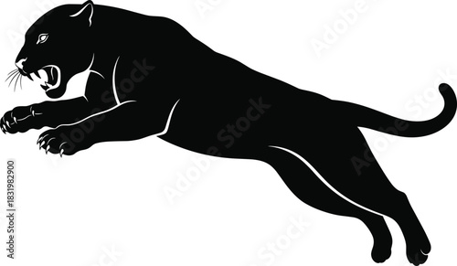 Aggressive Black Panther or Jaguar Jumping Silhouette Vector Illustration with Open Mouth and Sharp Claws; Predatory Feline Action, Power, and Speed Mascot Concept.