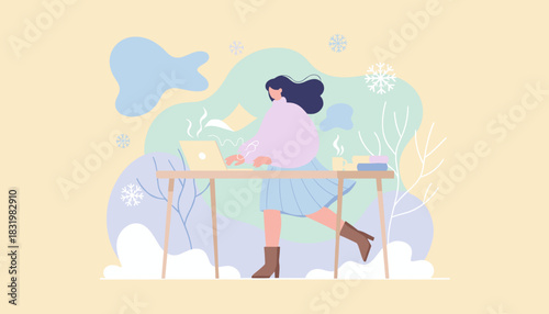 Fast working woman using laptop during winter Cozy remote work and business illustration