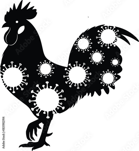 Black and White Rooster Silhouette Concept Vector Illustration of Bird Flu Epidemic or Avian Coronavirus Pandemic Danger Sign; Poultry Disease Warning on Farm.