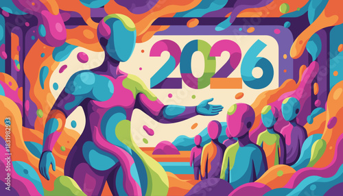 Vibrant 2026 illustration with abstract figures showcasing future community and colorful progress