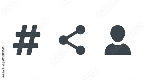 Simple dark gray social media icons hashtag share and user