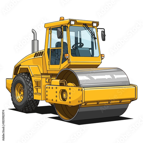 Yellow Steamroller Construction Vehicle Illustration.
