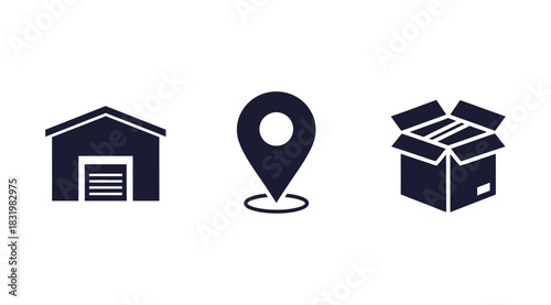 Warehouse location pin and open box icons representing storage delivery and logistics