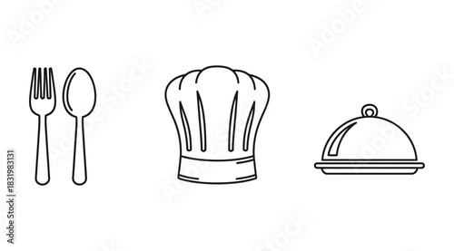 Simple line art illustration of culinary elements fork spoon chef hat and cloche