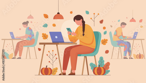 Woman teleworking in cozy autumn office decorated with pumpkins and leaves