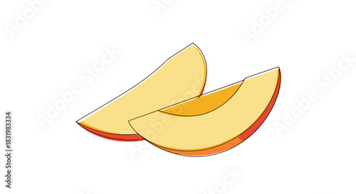 An appealing illustration featuring two brightly colored fruit slices, resembling apples or peaches, with golden flesh and reddish-orange skin.
