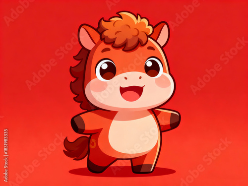 A horse with a cheerful and cute cartoon image highlighted on a red background, representing the 2026 Chinese Lunar New Year.