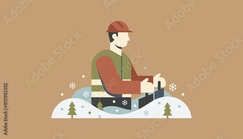 Snow removal worker in a hard hat clearing a snowy winter landscape