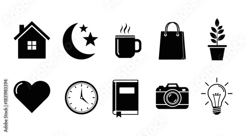 Set of ten simple black and white vector icons representing daily life