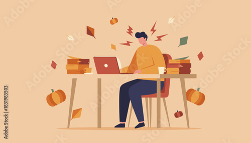 Stressed worker overwhelmed by autumn deadlines work piles and burnout at a busy desk