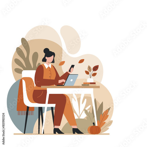 Professional woman working remotely on laptop and phone in a cozy autumnal setting