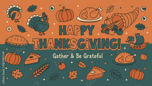 Retro Happy Thanksgiving banner illustration with turkeys pie pumpkins and fall harvest elements