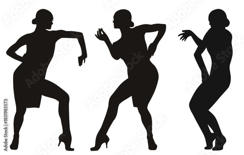Collection of black vector silhouettes of beautiful elegant dancing woman.