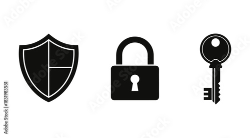 Shield padlock and key icons representing security and access control