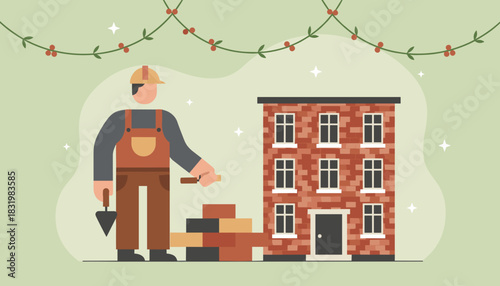 Bricklayer building a brick house under holiday garland Construction and renovation concept