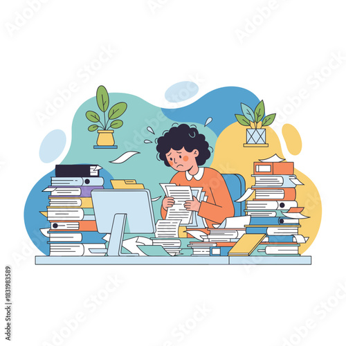 Stressed worker overwhelmed by huge piles of documents and paperwork at the messy office desk