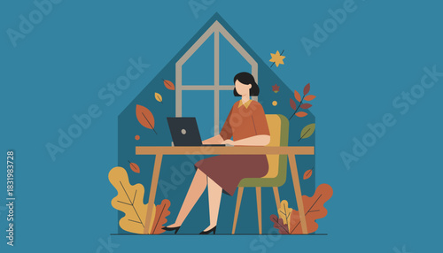 Woman working on laptop at home office surrounded by autumn leaves Remote work cozy setting illustration