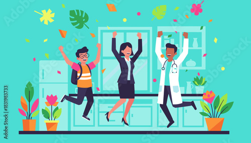 Diverse professionals celebrate career achievement with confetti and jumps