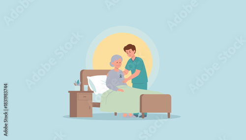 Male nurse caring for elderly woman in bed with a purple awareness ribbon symbolizing medical support