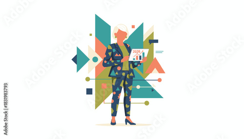 Executive woman holding 2026 growth chart in abstract geometric setting Financial success concept
