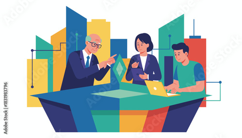 Multigenerational team collaborating on business strategy using technology Corporate teamwork and mentorship