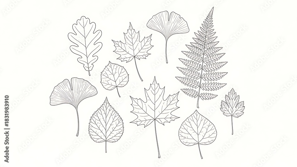 Fototapeta premium Botanical Line Art Illustration of Various Types of Leaves