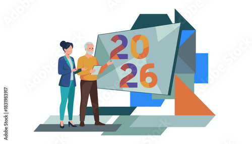 Two colleagues discuss 2026 projections and future business strategy Planning and goals concept