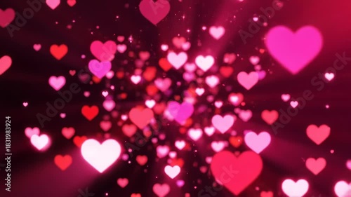 Abstract background of glowing pink and red heart shapes floating in a dark magenta tunnel with light rays, perfect for romance and valentines day celebration