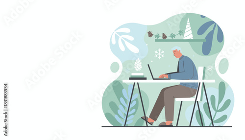 Senior man working on laptop at home office desk with winter holiday decorations Remote work concept