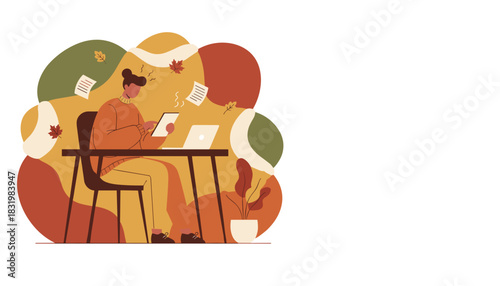 Fall productivity Remote worker at a desk using tablet laptop surrounded by autumn colors