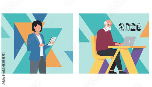 Business professionals using technology for future planning and data analysis Geometric vector illustration