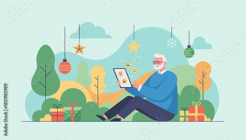 Elder man enjoying digital connection outdoors with tablet during the Christmas holidays