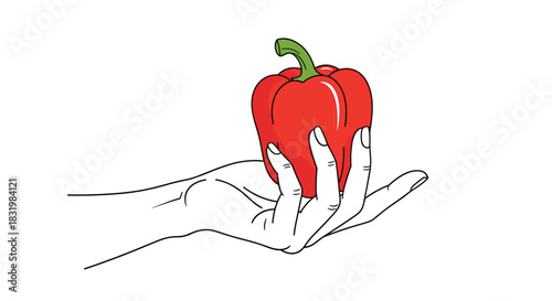 A hand with simple line art design holds a vibrant red bell pepper, suggesting freshness and healthy eating.