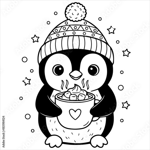 Adorable winter penguin holding a warm mug with marshmallows