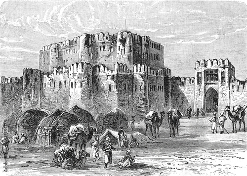 Kandahar Citadel, ancient military fortress in southern Afghanistan, important historical site from the Durrani Empire period, old vintage illustration, 1899