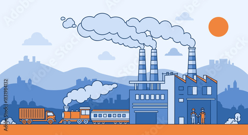 Industrial supply chain scene with factory smog train and truck delivery