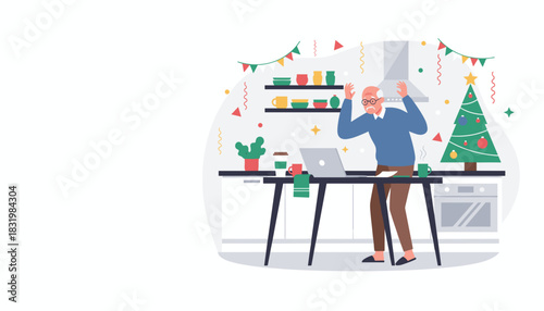 Stressed senior man overwhelmed working on laptop during busy Christmas holiday season