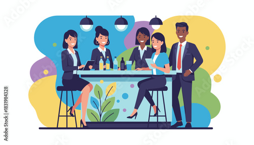 Diverse business team networking at a bar after work Happy hour illustration