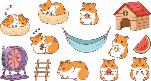 Adorable Hamster Cartoon Vector Bundle Featuring Small Rodents Sleeping, Eating Watermelon, and Playing with a Wheel, Hammock, and House.