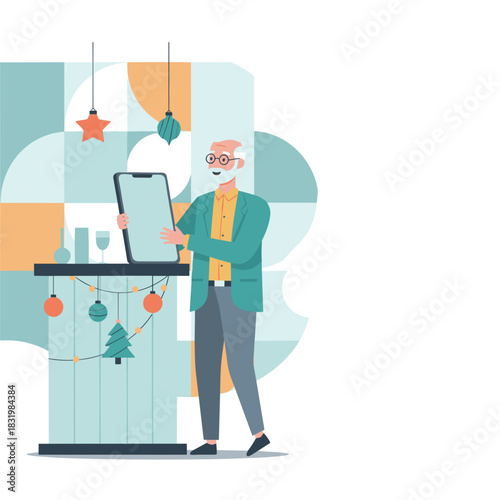 Senior man happily displaying a large smartphone during a festive celebration perfect for tech promotion