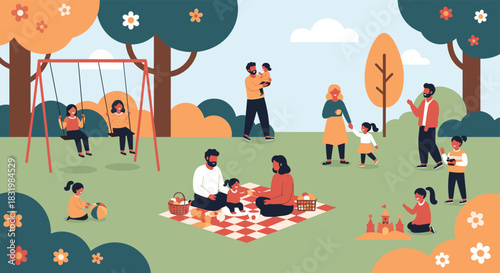 Diverse families and children enjoy various outdoor activities and a picnic in a beautiful park.