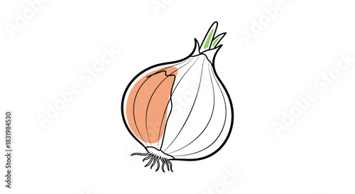 A minimalist line drawing of a fresh onion, partially colored to show its layered structure, with green sprouts and roots.