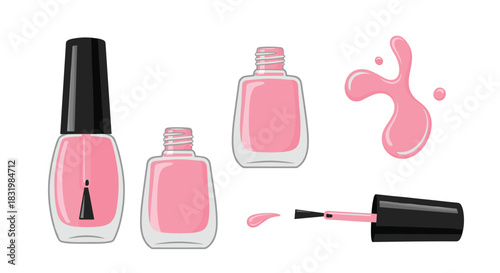 A collection of pink nail polish bottles and spilled polish, including an open brush, on a white background.