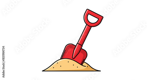 A bright red plastic toy shovel is stuck upright in a small, freshly dug pile of sand, suggesting playtime or a beach activity.