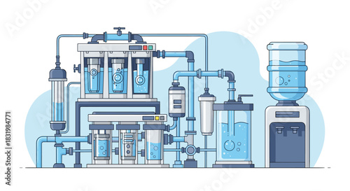 A comprehensive illustration of a multi-stage water purification system with interconnected filters and tanks, providing clean water to a modern dispenser.